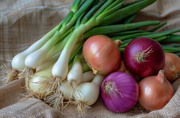 Onions and spring onions on table