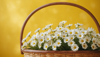 Closeup of wild spring flowers in wooden basket in front of simple background 