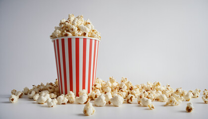 Close up macro of popcorn snack in front of simple background with copy space