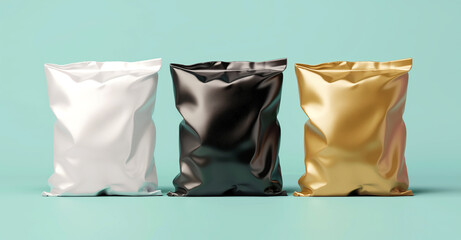 .Mockup of three packages in the form of a coffee package, white, gold, black foil color, isolated on background