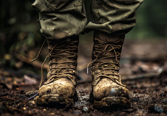 Army boots close up in the mud