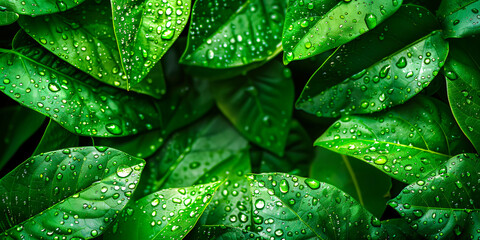Fototapeta premium Raindrops on Green Leaves, Fresh Nature Background, Bright Spring Pattern, Environmental Concept