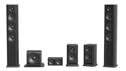 Set black acoustic 3d system. A new black bookshelf speaker isolated on white background. Clipping path.