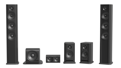 Set black acoustic 3d system. A new black bookshelf speaker isolated on white background. Clipping path.