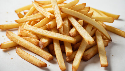 Closeup of delicious fries in front of white background 