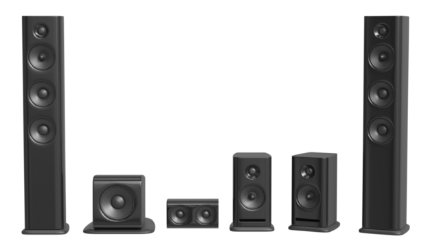 Set black acoustic 3d system. A new black bookshelf speaker isolated on white background. Clipping path.