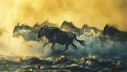 Call of Nature - the Great Wildebeest Migration. Mammal animals big herd running crossing African...