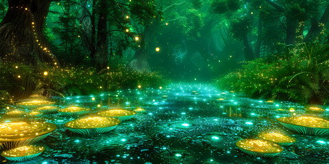 Fireflies Glowing in Summer Forest, Magical Nature Scene, Twilight Beauty, Fantasy Landscape