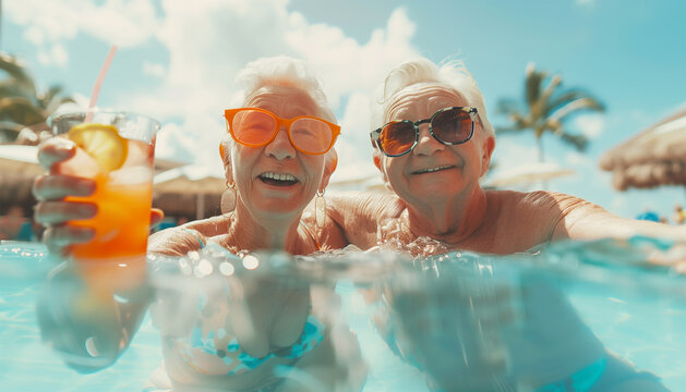 Elderly grey-haired couple cheerful laughing while they rise up alcoholic cocktails with orange juice in swimming pool during summertime exotic vacation together Happiness of senior retirement concept