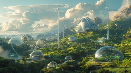 A clean, futuristic landscape dominated by renewable energy sources such as wind turbines, solar panels, and green technology, with a community living in harmony with nature. - obrazy, fototapety, plakaty