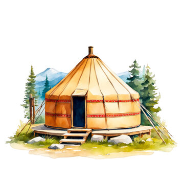 recommend clip art: An off grid yurt tucked, in wild forest, watercolor illustration, clipart, travel, camping, trekking, for scrapbook, journal planning, cutout on white background, tent
