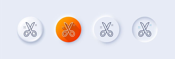 Scissors line icon. Neumorphic, Orange gradient, 3d pin buttons. Cutting tool sign. Tailor utensil symbol. Line icons. Neumorphic buttons with outline signs. Vector