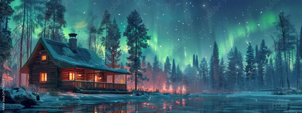 Wall mural a cozy cabin in the woods with aurora borealis in the sky above.