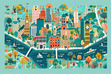 abstract city map illustration, cute modern style print 