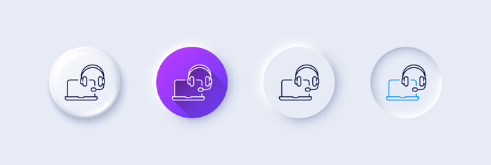 Consult line icon. Neumorphic, Purple gradient, 3d pin buttons. Online consulting sign. Laptop with headset symbol. Line icons. Neumorphic buttons with outline signs. Vector