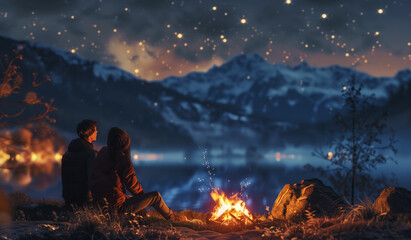 Young couple in love enjoying the mountains under an incredible starry night sky next to a glowing fireplace while having a camping night. Trekking, active lifestyle, beauty in Nature concept image.
