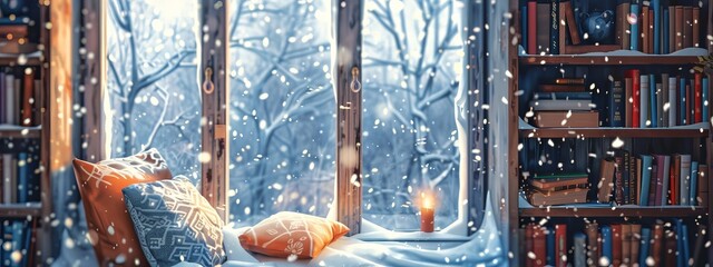 A cozy reading nook by a large window during a gentle snowfall. - obrazy, fototapety, plakaty