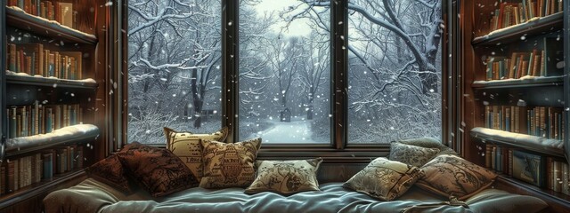 A cozy reading nook by a large window during a gentle snowfall. - obrazy, fototapety, plakaty