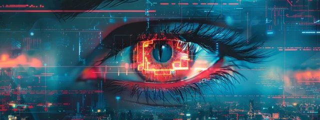Poster A cybernetic eye scanning digital landscapes for threats, illustrating GenAI's vigilance in cybersecurity, with margin space for text. © Warut