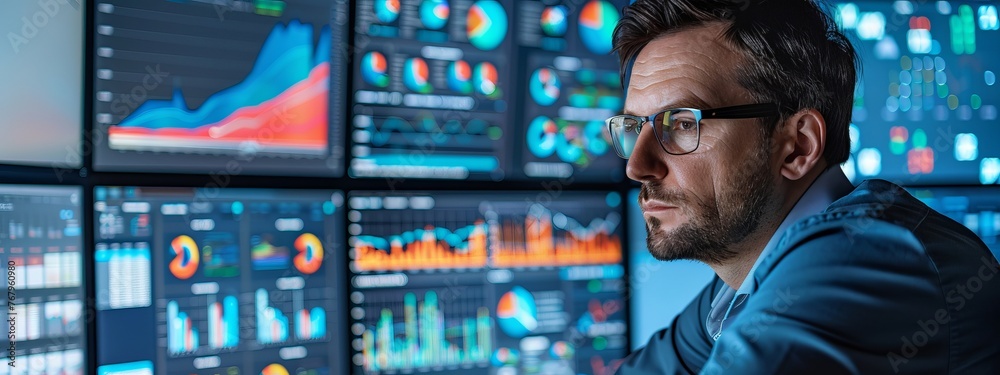 Poster a cybersecurity expert analyzing outcome-driven metrics on multiple monitors, with focus areas for a