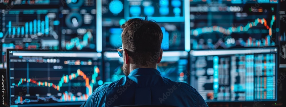 Poster a cybersecurity expert analyzing outcome-driven metrics on multiple monitors, with focus areas for a