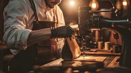 The workshop is filled with the rich aroma of fine leather as the master carefully selects the perfect hide for the bag - obrazy, fototapety, plakaty
