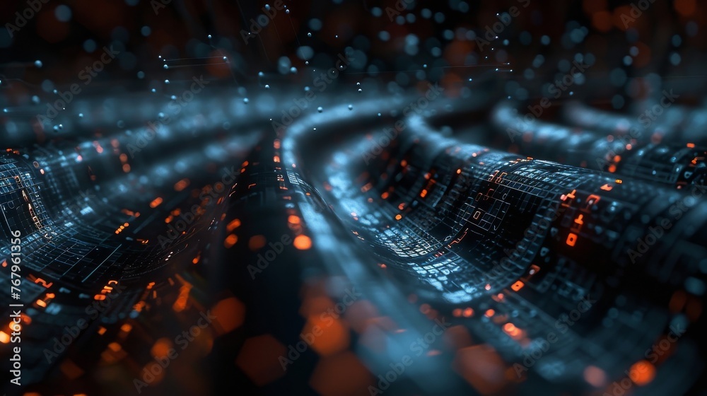 Poster a depiction of secure data transmission through a quantum network, highlighting encrypted data strea