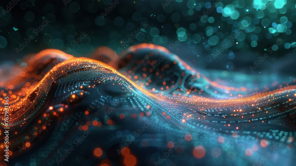 Poster a depiction of secure data transmission through a quantum network, highlighting encrypted data strea