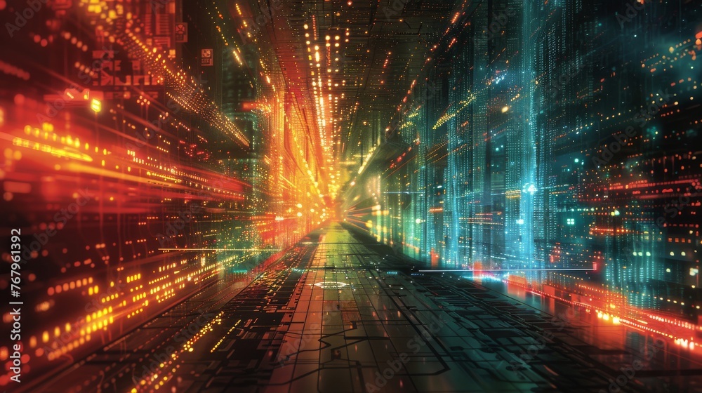 Poster a depiction of secure data transmission through a quantum network, highlighting encrypted data strea