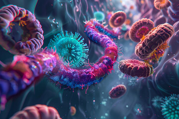Crohn's disease - A cross-section view of an intestinal tract with futuristic medical nanobots repairing inflamed intestinal lining. - obrazy, fototapety, plakaty
