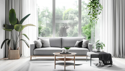 Fototapeta na wymiar Interior of light living room with grey sofa, coffee table and big window