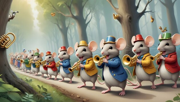 A Mouse With A Trumpet Leading A Woodland Parade