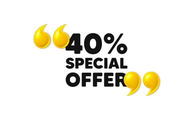 40 percent discount offer tag. 3d quotation marks with text. Sale price promo sign. Special offer symbol. Discount message. Phrase banner with 3d double quotes. Vector