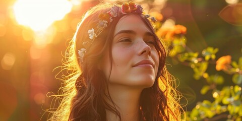 Beautiful Brunette Woman in the Hippy Peace Light White Mormon Dress Style - A Heavenly Summer Scene with a lot of Love and a Calm Sense created with Generative AI Technology