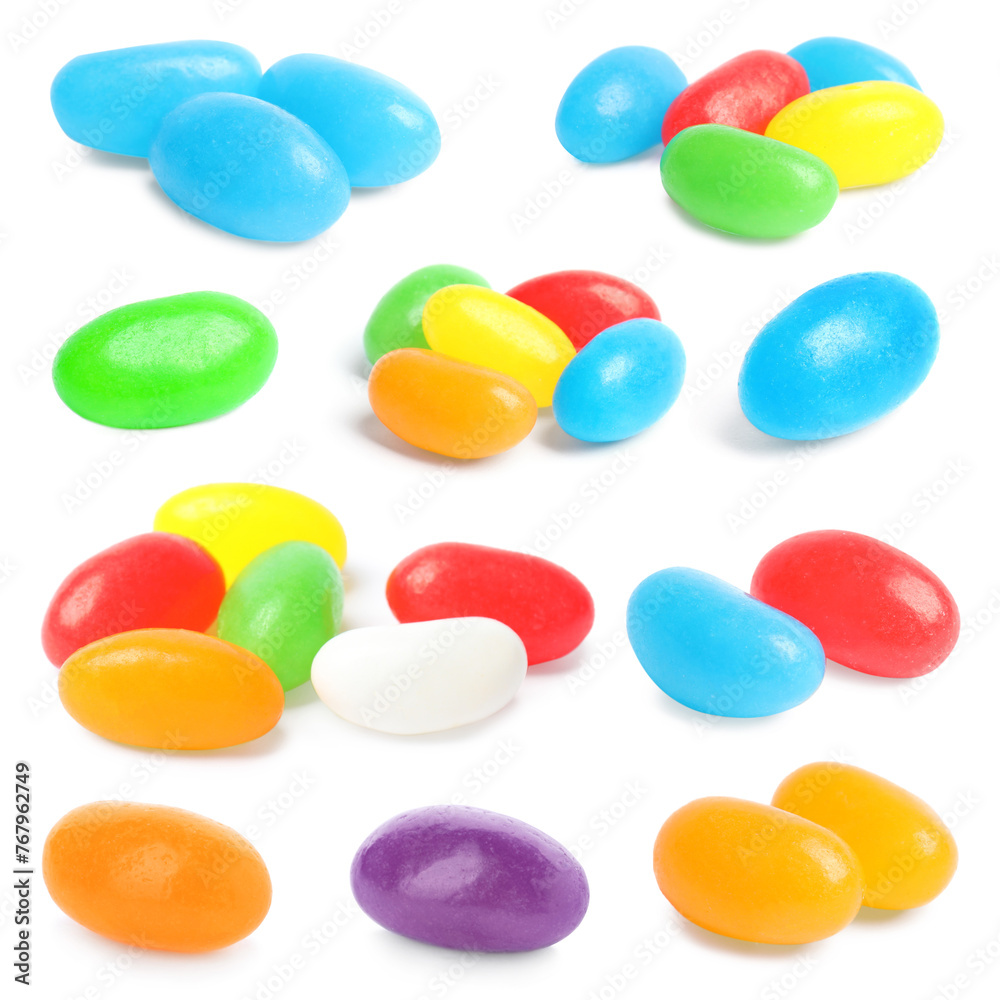 Poster Delicious jelly beans isolated on white, set