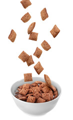 Corn snack. Cereal pads with filling falling into bowl against white background