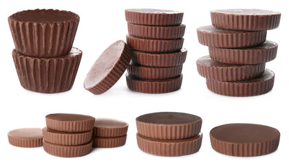 Delicious peanut butter cups isolated on white, set