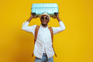 Young happy African American man traveler raises suitcase tourist overhead going on trip at summer vacation and rejoices in upcoming travel standing on yellow background - Powered by Adobe