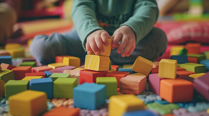 Young toddler playing with colorful wooden block toys