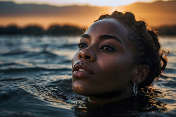 Portrait of an African American woman submerged in water - obrazy, fototapety, plakaty