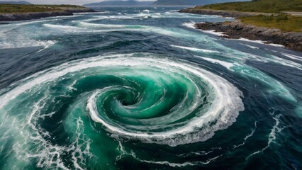 Witness the mesmerizing meeting of river and sea waves during high and low tides, creating whirlpools in the maelstrom of Saltstraumen, Nordland, Norway. - obrazy, fototapety, plakaty