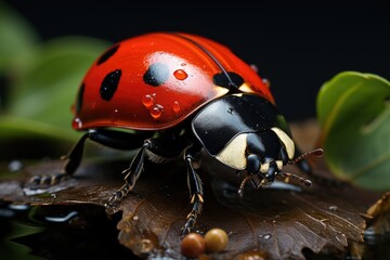 Colorful ladybug gently rests on sheet., generative IA - obrazy, fototapety, plakaty