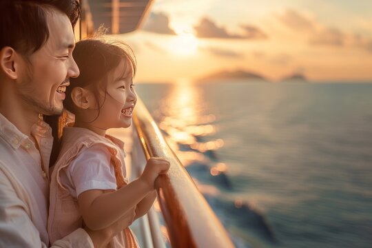 Asian child girl traveling on a cruise ship with her father they enjoy the beautiful sunny atmosphere on the ship