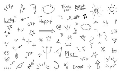 Doodle cute glitter pen line elements. Doodle heart, arrow, star, sparkle decoration symbol set icon. Simple sketch line style emphasis, attention, pattern elements. cute. - obrazy, fototapety, plakaty