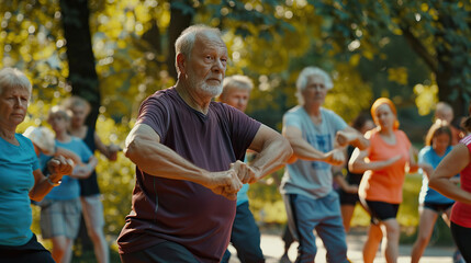 Fitness class in a city park with enthusiastic elderly men and women participants energizing their bodies and minds, exercise clothes, dynamic scene captured
