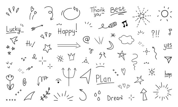 Doodle cute glitter pen line elements. Doodle heart, arrow, star, sparkle decoration symbol set icon. Simple sketch line style emphasis, attention, pattern elements. cute.