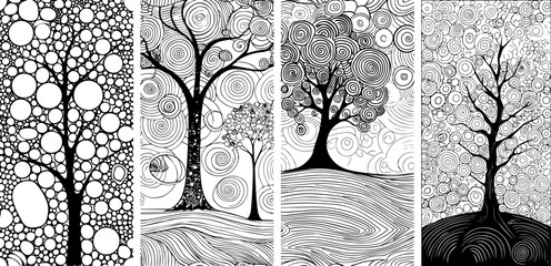 decorative trees drawn with thin lines round abstract patterns black vector illustration laser cutting engraving