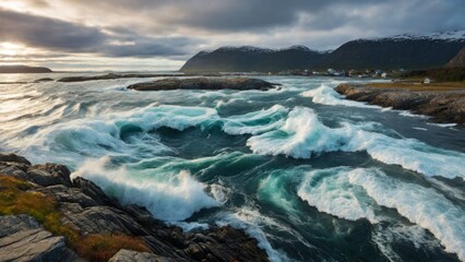 Fototapeta na wymiar Witness the mesmerizing meeting of river and sea waves during high and low tides, creating whirlpools in the maelstrom of Saltstraumen, Nordland, Norway.