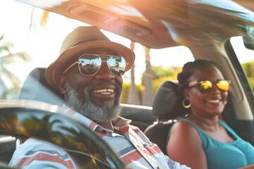 Happy African American senior couple enjoying a summer vacation road trip in their car.