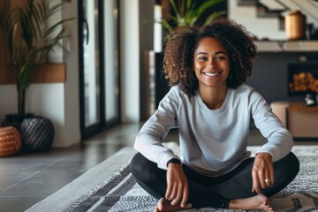 Charming young african woman sitting on the floor at home - obrazy, fototapety, plakaty